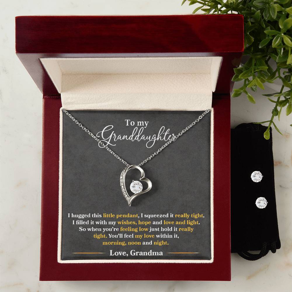 For Grandaughter Forever Love Necklace + Clear CZ Earrings